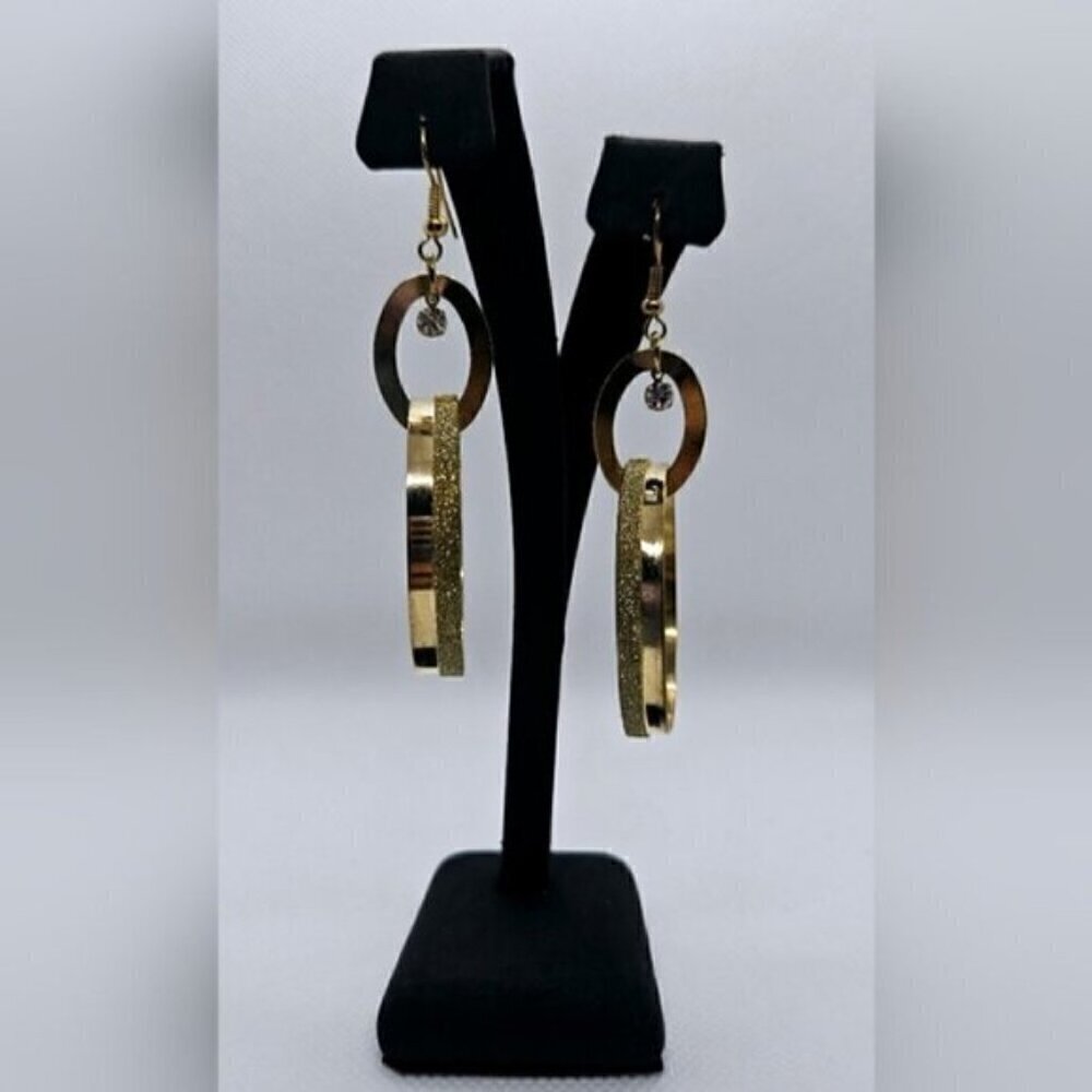 Gold Tone Double Hoop Dangle Earrings Textured Geometric Statement